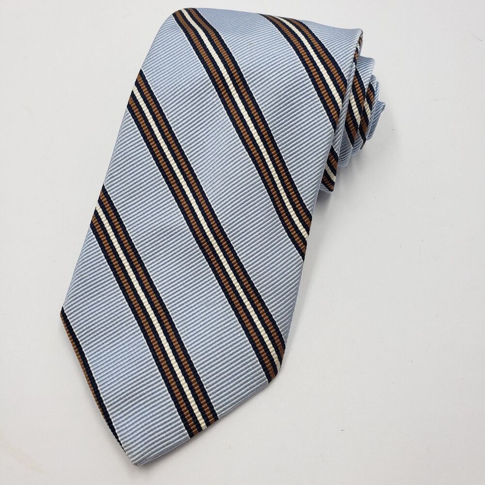Breuer Silk Blend Tie Made In France Light Blue Brown Striped Cotton Necktie Lux